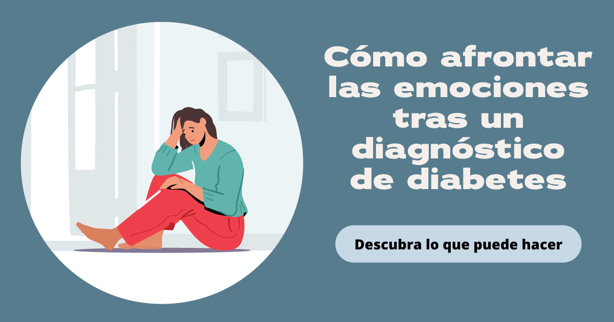 Una mujer sentada en el suelo con una expresión triste y una mano en el pelo. El texto indica: Cómo afrontar las emociones tras un diagnóstico de diabetes.