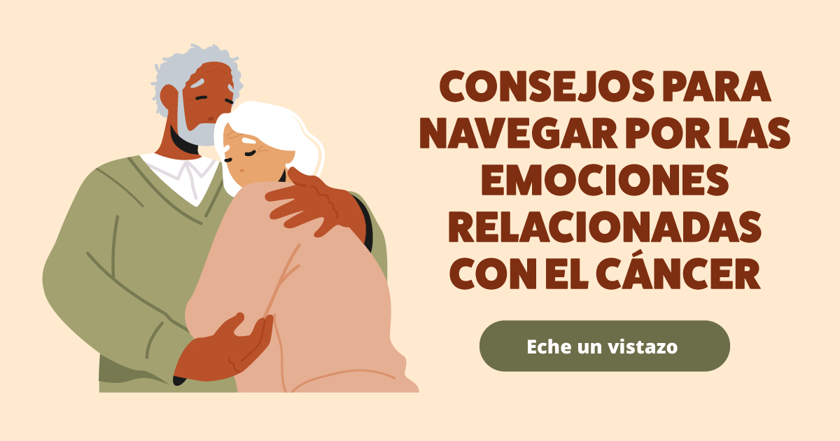 Un hombre mayor abraza a una mujer mayor, besándola en la frente. El texto dice: Consejos para navegar por las emociones relacionadas con el cáncer. Eche un vistazo.