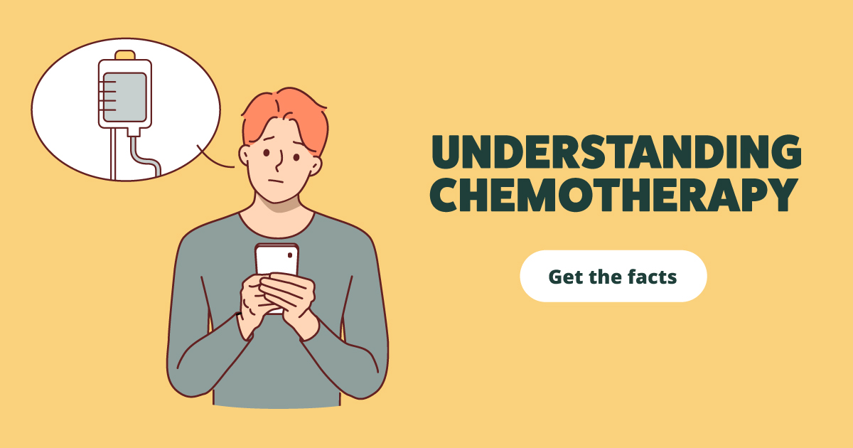 An illustration of a man holding his smartphone with a thought bubble showing an infusion bag.