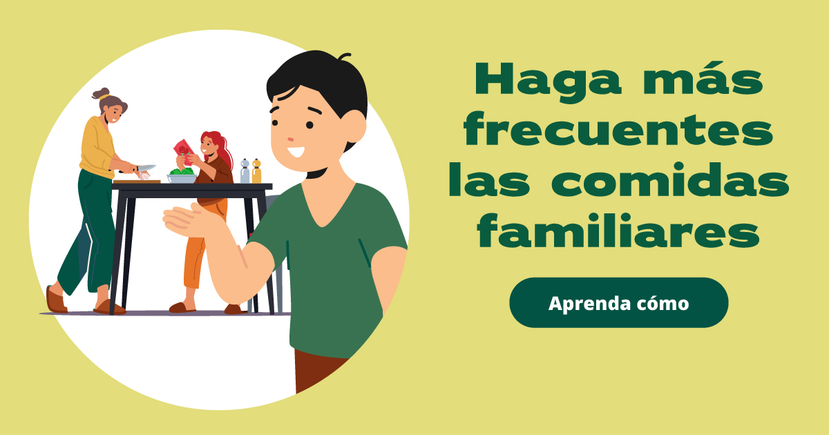 An illustration of a family cooking dinner together. Text reads: Make family meals more frequent. Learn how. Landing page alt text: An illustration of a family cooking dinner together.