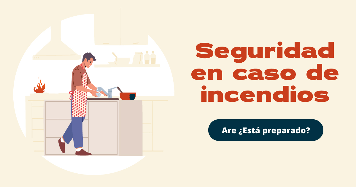 An illustration of a man cooking in the kitchen while a fire starts in the background. Text reads: Seguridad en caso de incendios. ¿Está preparado?