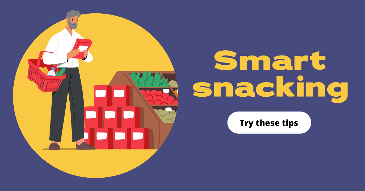 A man in a grocery store reads the label on a box. Text reads: Smart snacking. Try these tips.