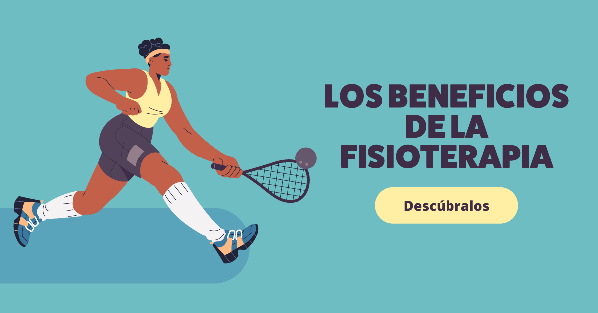 Una ilustración de una persona jugando al tenis. El texto dice: Los beneficios de la fisioterapia. Descubra más acerca de ellos