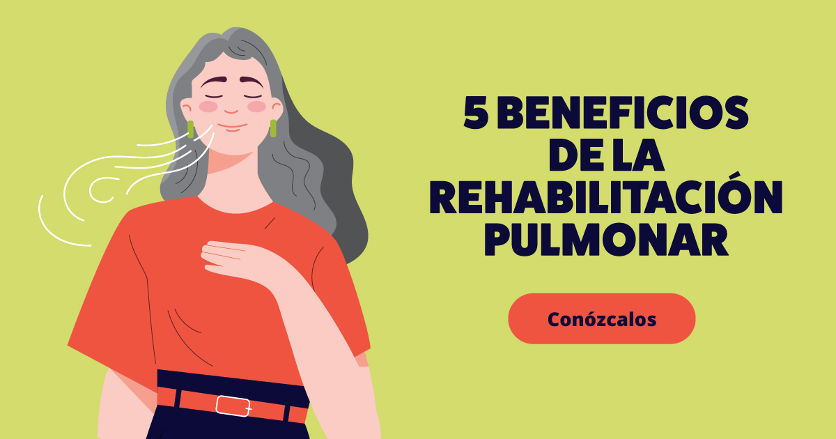 Una ilustración de una mujer de pie con una mano en el pecho, los ojos cerrados y exhalando una respiración. El texto dice: 5 beneficios de la rehabilitación pulmonar. Conózcalos.