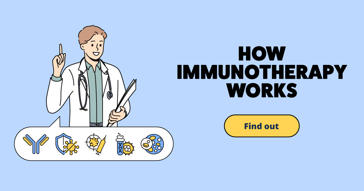 An illustration of a healthcare professional talking, with a chromosome, virus/bacterium cell, syringe, test tube containing DNA, and human cells shown in a speech bubble. Text reads: How immunotherapy works. Find out.